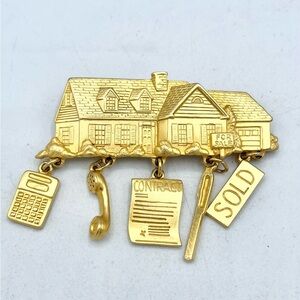 "JJ" Jonette Jewelry Gold Pewter House with REAL ESTATE Charms Pin 2”x2.5” EUC